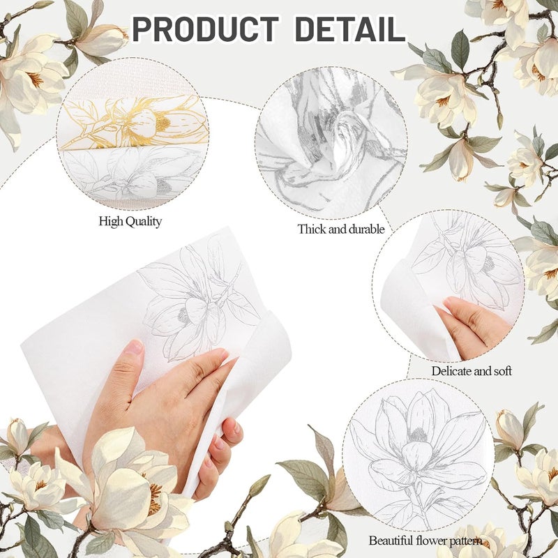 Joyido 50 Pack Silver Magnolia Napkins - Silver Floral Disposable Napkins - Cloth-Like Feel Dinner Paper - Retro Heavy Duty Hand Towels for Bathroom Wedding Holiday Party Bridal Decorative Towels - Image 2